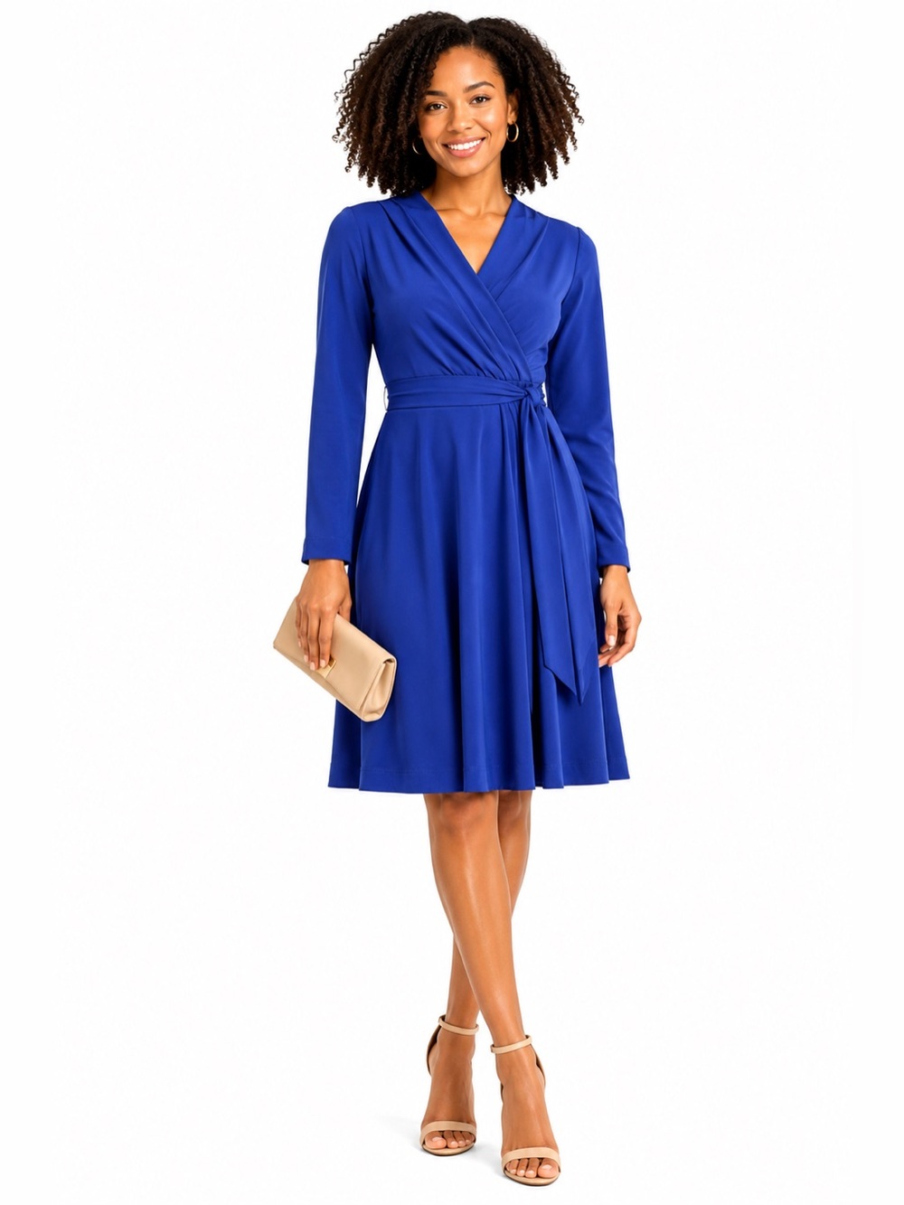 Eliza J Royal Blue Long Sleeve Wrap Dress with Tie Waist CT